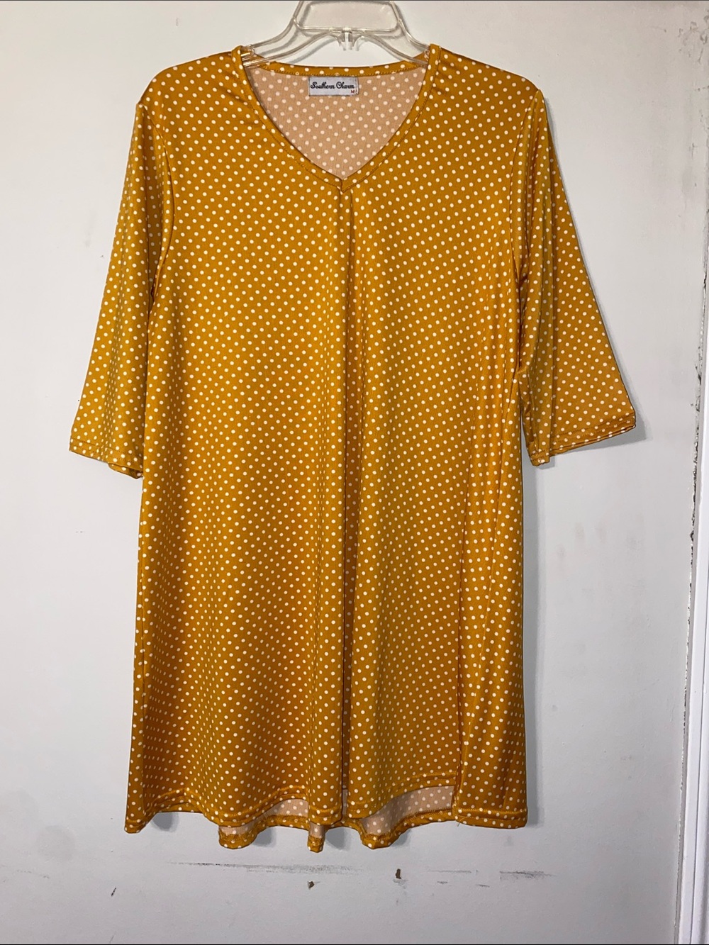 Polka Dot V-Neck Mustard Tunic with Three-Quarter Sleeves